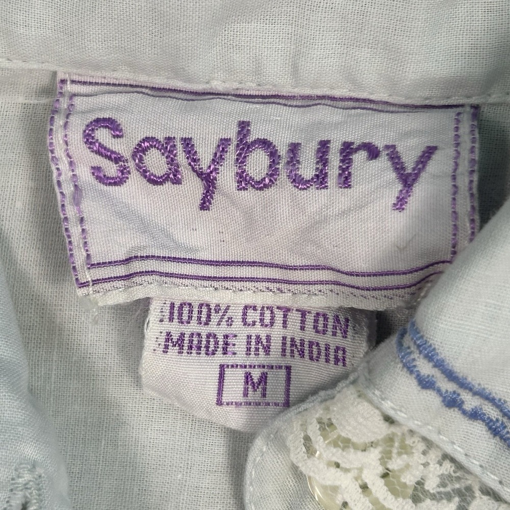 Vintage Saybury Pintuck Cotton Nightgown M Blue Cottagecore Lace Embroidered - Picture 4 of 10